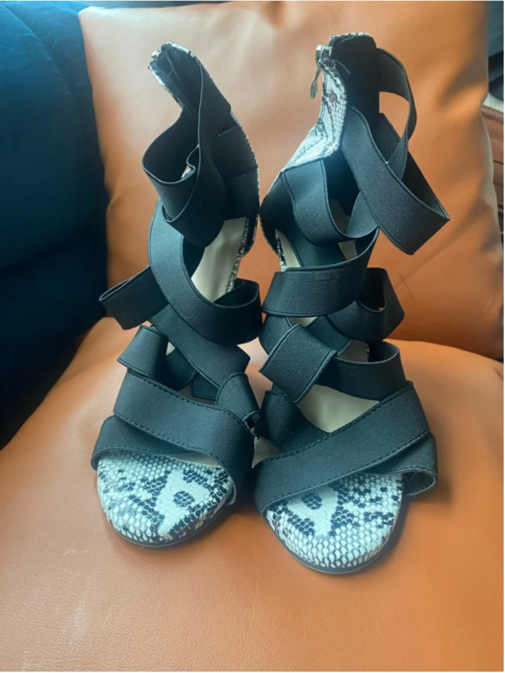 Black and white snake skin strap stiletto sandals pumps